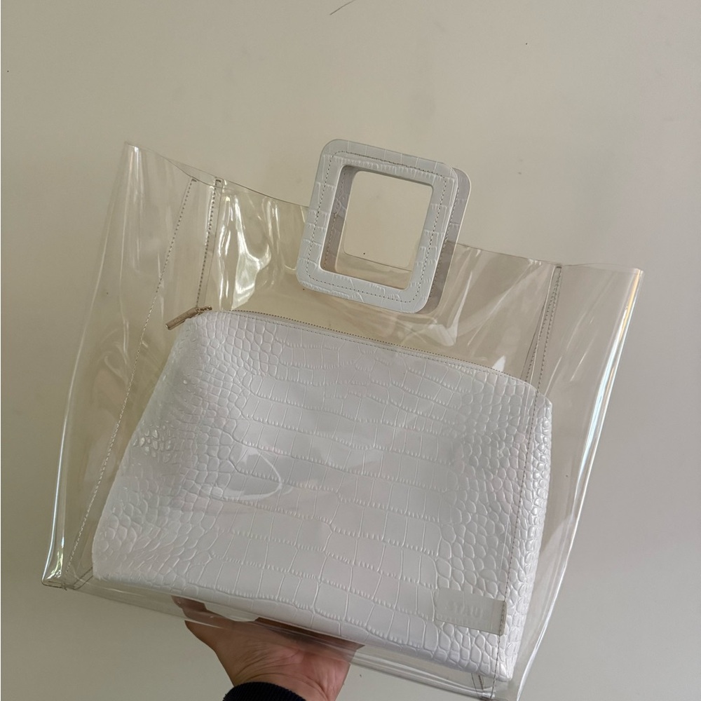 STAUD Clear Tote with White Croc-Embossed Pouch